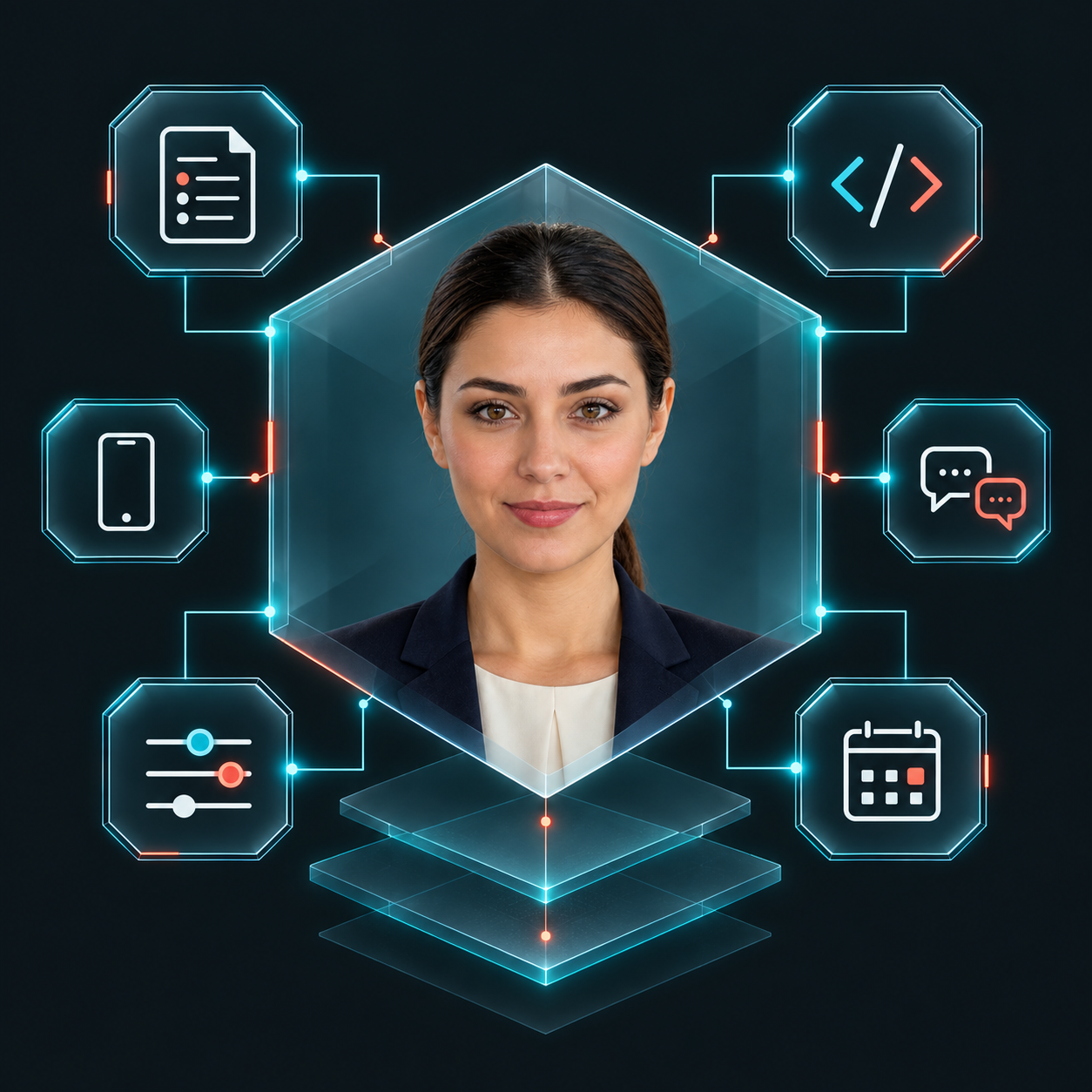 Merkezinde Aygül bulunan; teknik sorular, takip soruları, mülakat derinliği, telefon ve takvim katmanlarının birbirine bağlandığı mülakat şeması